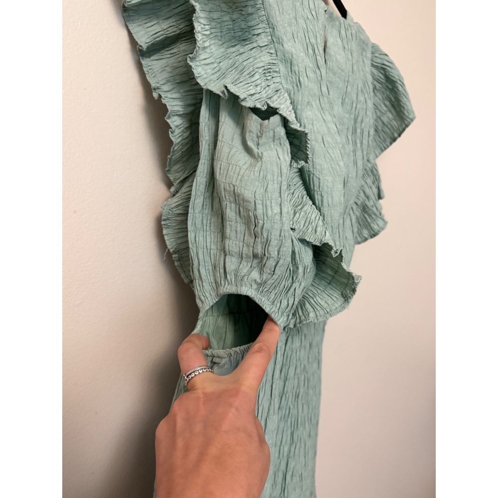 Vestique Sage Green Crinkle Ruffle Mini Dress Side Cut Out - Picture 6 of 10